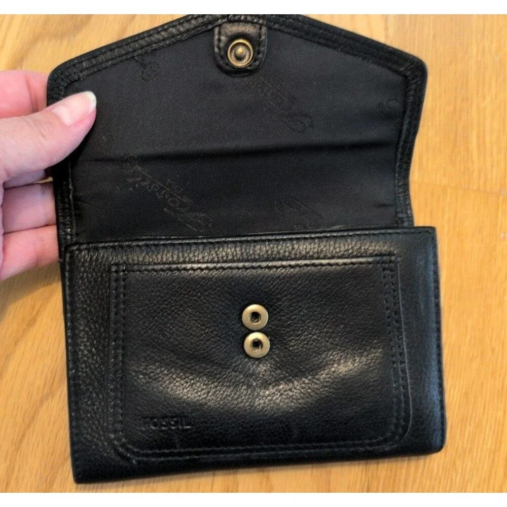 Fossil Tri Fold Black Pebbled Leather Wallet top Zip Lots Of Card Holders 5.5x4